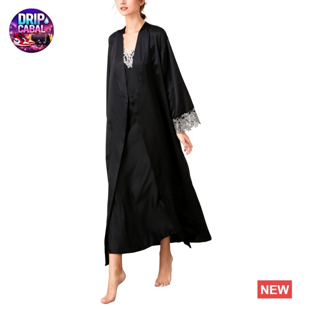 Satin Nightgown and Robe Set Elegant Lace Trim V Neck Sleepwear Loungewear